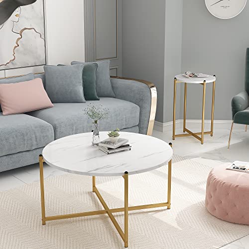Awqm Faux Marble Coffee Table Set Of 3, 1 Coffee Table & 2 Sofa Table, Round Tabletop And Metal Cross Base Frame,Perfect For Living Room Apartment, White & Gold #TOP2