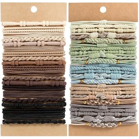 OHCISP No Damage Hair Ties, 40 PCS Cute Boho Hair Ties Bands for Thick or Thin Hair, 4 Styles Elastic Bracelets, Brown & Blue Hair Accessories for Girls and Women Cover