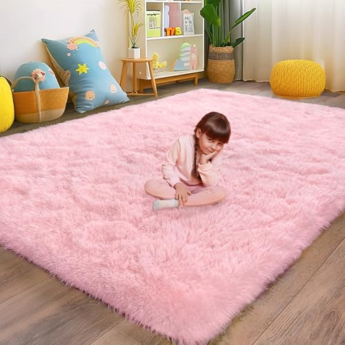 Pink Area Rugs 4x6 for Bedroom Girls, Soft Fluffy Fuzzy Shag Carpet for Living Room, Non-Slip Shaggy Bedside Indoor Floor Rug, Cute Plush Rug for Nursery Dorm Home Decor