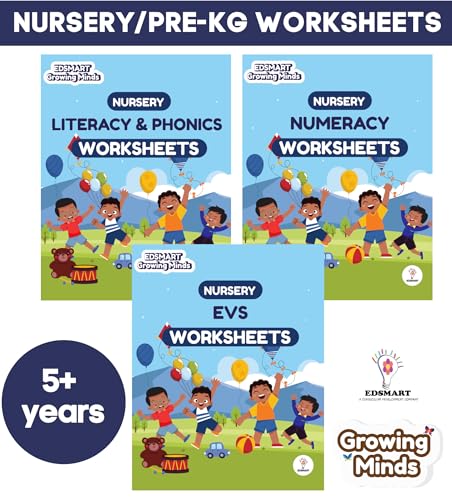 Image of Edsmart Nursery Pre-KG Worksheets Combo Pack, Literacy & Phonics, Numeracy, EVS, Age 5+ Years, CBSE Curriculum, 120 Pages