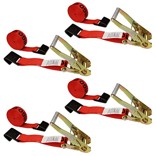 US Cargo Control 2 Inch Wide x 12 Foot Long Ratchet Strap with Flat Hooks, Red Dependable Strap for Securement, 3,333 Pound Working Load Limit, 4 Pack