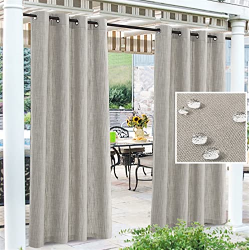 Heavyoff Pergola Outdoor Curtains Linen Look Waterproof Sheer Curtains Privacy Light Filtering Grommet Indoor Curtain for Bedroom, Porch, Pergola, Cabana, 2 Panels, Grey, W 52 x L 108