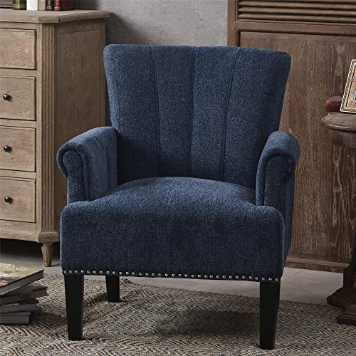 Living Room Chairs, Upholstered Chairs, Polyester Armchair Club Chair With Rivet Tufted Scroll Arm, Tufted Accent Chair For Bedroom And Living Room (Navy Blue) #TOP3