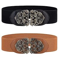 Tunejoy Cinturón Elástico para Mujer 2 Piezas Ancho Retro de las Señoras de Cintura Elástica Cinturón con Hebilla de Metal para Vestido Falda Negro + Marrón