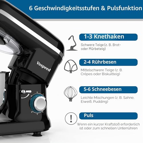 Küchenmaschine Knetmaschine zum Backen, Vospeed 6 Geschwindigkeit Elektrischer Küchenmixer mit...