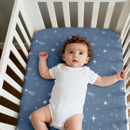 Image of 3 Pack Bedside Bassinet Sheets Girl & Boy 33 inch x 20 inch Rectangle | for Baby Delight, Newton, Airclub, Maxi Cosi, Angelbliss, Dream on Me, Mika, Harppa, Amke, Ezebaby Mattress, Navy Blue Planet