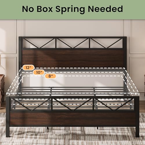 Image of LIKIMIO King Bed Frame, Tall Industrial Headboard 51.2 inch, Platform Bed Frame with Strong Metal Support, Solid and Stable, Noise Free, No Box Spring Needed, Easy Assembly, Dark Brown