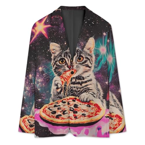 Cat Eating Pizza Men's Slim Suit Long-Sleeve Prom Tuxedo Classic Two Button Business Jacket3