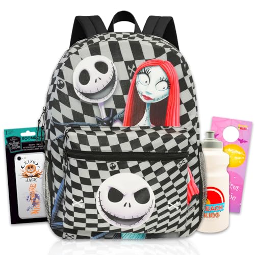Mochila escolar Nightmare Before Christmas – Pacote com bolsa escolar Jack and Sally de 40,6 cm, garrafa de água, decalques e mais | Conjunto de mochila Jack Skellington para crianças, meninos e