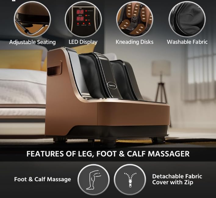 WTP Calf, Foot and Leg Massager Machine for Home - Pain Relief Massage for Legs - Heat + 4 Vibration Motors - Rolling, Kneading, and Shiatsu - Improve Blood Circulation, Dark Brown, 80W (LLM99)