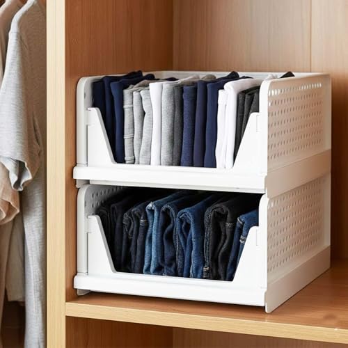 Image of Go Hooked Foldable Wardrobe Organizer with Drawer Style Pull Out Design | Pack of 2 Large (44x34x19 cm) Shelf Storage Box | Heavy Duty Plastic Shirt Stacker for Cupboard, Almirah & Closet | White