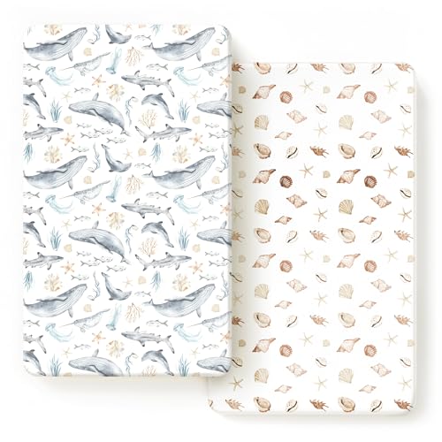 Image of GRSSDER Stretchy Ultra Soft Jersey Knit Fitted Crib Sheets Set 2 Pack, Fit All Standard Crib Mattresses Safe and Snug, Beautiful Marine Organism for Boys and Girls