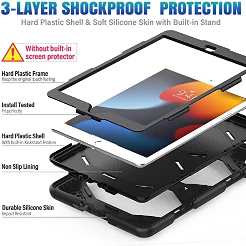 Timecity iPad 10.2 Inch Case for iPad 9th / 8th / 7th Generation (2021/2020/2019), Heavy Duty Shockproof Protective Cases with Pencil Holder & Stand for iPad 9 / iPad 8 / iPad 7, Black