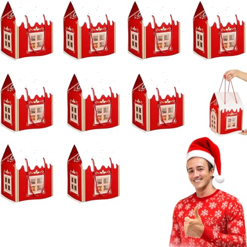 Christmas Wonderland Cottage Gift Box, 3D Pop Up Christmas House Gift Boxes with Handle, Paper Treat Boxes for Holiday Party Favors, Cookie Candy Packaging, Festive Goodie Bags Decorations (Red9PCS)