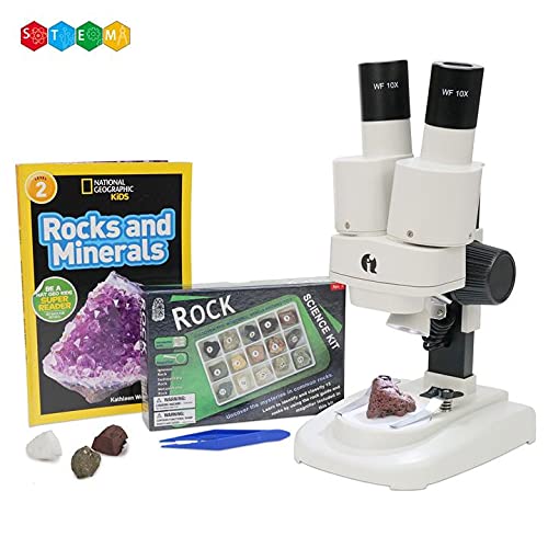 AmScope SE102LED-15A-NGRK-TW Deluxe Stereo Microscope with Rock and Mineral Collecting Activity Kit - 20X and 50X Magnification + Dual-Illumination