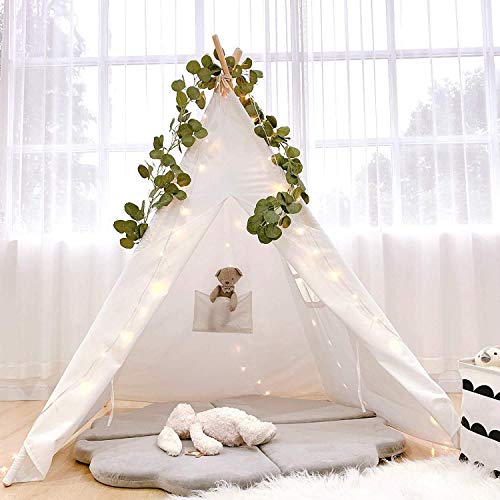 Teepee Tent for Kids with Artificial Vines, Fairy Lights, Natural Cotton Canvas Teepee Play Tent Foldable Tipi Childrens Tents for Girls, Boys Indoor Outdoor