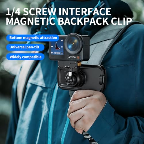 Image of MOBILIFE Magnetic Backpack Camera Clamp for Insta360 X5 /X4 /X3 | 360 Ball Head, 1 /4 inch Screw Mount, Secure Buckle & Deep Serrated Teeth, POV View for Hiking Riding