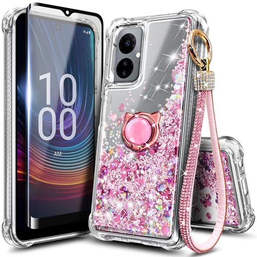 WDHD Designed for Boost Celero5G 2024 Phone Case with Tempered Glass Screen Protector/Ring Holder/Diamond Wrist Strap Lanyard, Glitter Floating Liquid Cute Women Girls Kids Cover (Rose Gold)