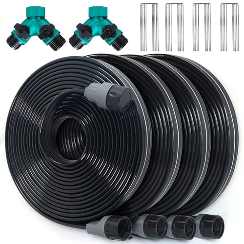 Apgooface Sprinkler Hose with Holes, Flat Soaker Hose 100 Ft (25 ft 4pack) with Garden Staples and Splitters, Watering Drip Irrigation Hoses for Lawn, Vegetable and Garden Beds (100 ft)