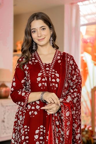 Image of PARTHVI Women's Pure Cotton Block Printed Ethnic Wear Kurta & Palazzo Pants & Dupatta Set