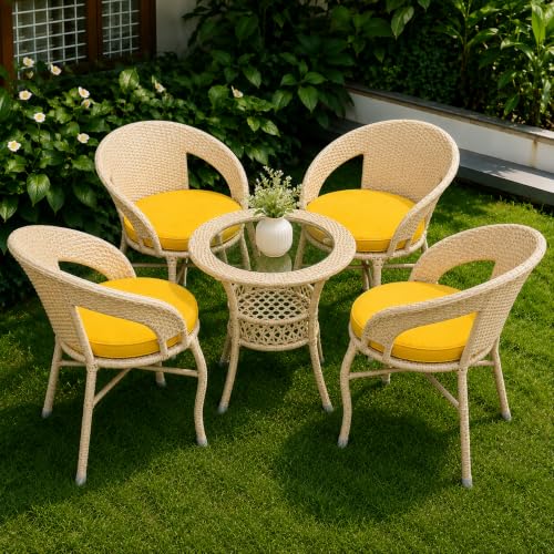 Image of Outdoor Wicker Patio Furniture Set, 4 Chairs & 1 Table with Cushions, for Balcony, Bedroom, Garden, Lawn, Porch & Terrace, Glass-Top Table, Cream Chair & Yellow Cushion