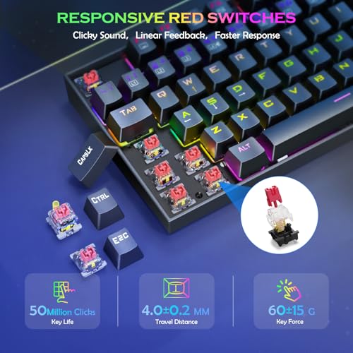 Redragon Mechanical Gaming Keyboard, LED Rainbow Backlit 104 Keys with Red Switches, Durable ABS Keycaps/Anti-Ghosting Keys/Metal Case Wired Keyboard Gaming for PC/Mac - UK Layout - Image 4
