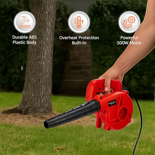 Image of Amazon Basics 500W Air Blower | 13000 RPM | Compact Dust Cleaner for Home, Car, Furniture & Garden | Lightweight ABS Body | Red