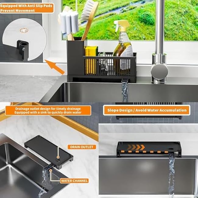 Rustproof Kitchen Sink Organizer for Countertop,Multifunctional Sink Organizer Caddy & Organization,Scrub Brush and Sponge Holder,Plastic Sink Storage Rack,Sponge Drain Rack,Dish Soap Dispenser,Black