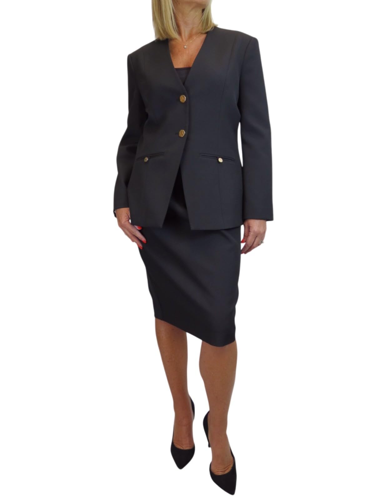 Paulo Due Ensemble Tailleur Femme 2 Pièces – Veste Col V et Jupe Mi-Longue Élégante, Invitée Mariage et Bureau