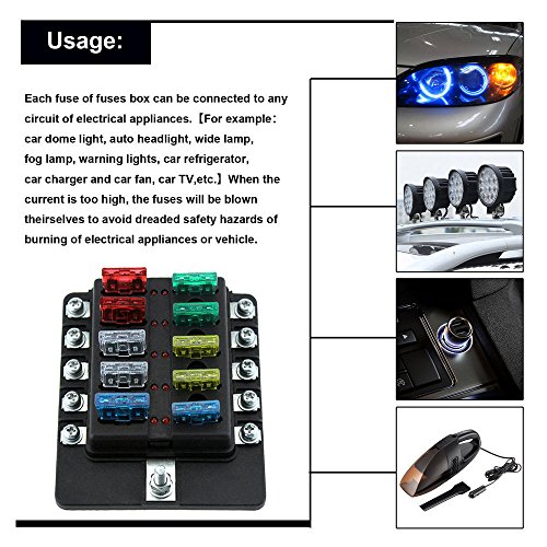 Yorten Blocos de fusíveis de suporte de caixa de fusíveis de lâmina de 10 vias com indicador de LED