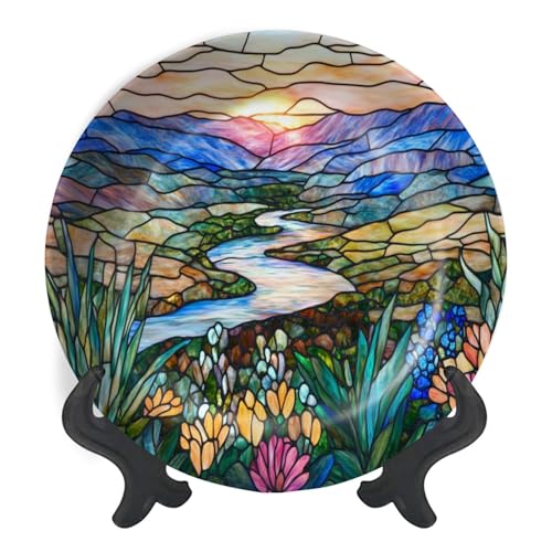 Decorative Plates for Display Indigo Mountains Valley Stained Glass Panel Gift Plates Ceramic Collections Plates Hanging Artwork for Living Dining Room Kitchen Souvenir