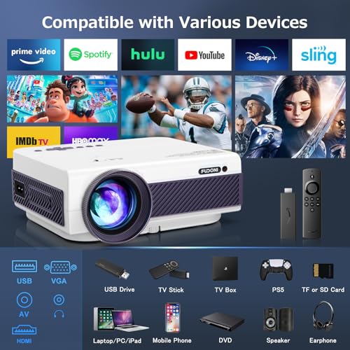 Image of FUDONI Native 1080P WiFi Bluetooth Projector, Full HD Portable Outdoor Movie Projector, Built-in Speaker, Max 300 inch Screen, for Smartphone (White & Purple)