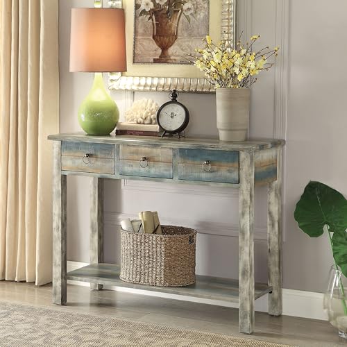 JCSD Vintage-Inspired Console Table for Home Charm, Ample Storage with 3 Drawers and Bottom Shelf, Antique Grey and Teal Finish