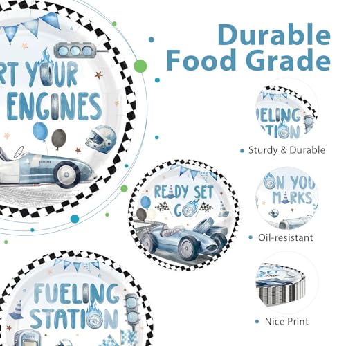 Image of 60 Pcs Vintage Race Car Paper Plates 9 inch Heavy Duty | Blue Race Car Birthday Plates Disposable Start Your Engines Dinner Platters for Baby Shower Birthday Party Supplies Decor