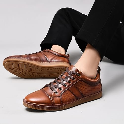 Image of Men's Casual Sneakers Fashion Oxford Sneaker Shoes Perforated Yellow Brown Leather Comfortable Daily Shoe for Men Size 12