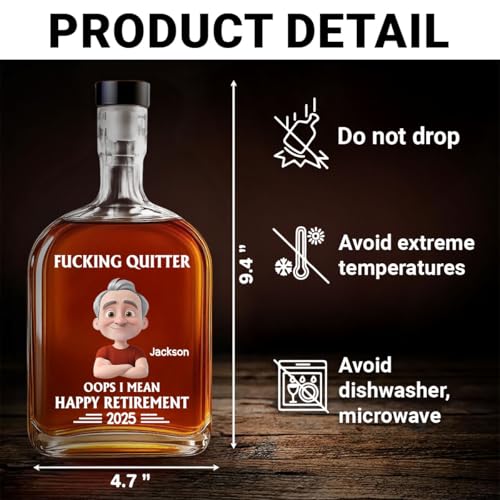 Wrappiness Happy Retirement Spirits Decanter Custom Characteristics and Name, Funny Goodbye Gift for Co-worker Whiskey Glass Bottle, 25oz Decanter for Liquor Vodka Tequila Bourbon Gift for Men