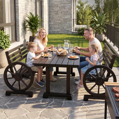 Image of VINGLI Rustic Wooden Wheel Bench Outdoor Bench, Patio Bench Wagon Slatted Seat, Garden Benches for Outdoors 350lbs High Capacity, Weather Resistance (Black, 41in)