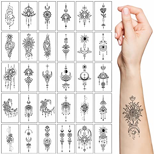 30 hojas de tatuajes temporales, regalos para mujeres y niñas, flores de loto negro, joyería falsa, colgante de encaje, luna, polilla, tatuajes semipermanentes, calcomanías de transferencia para