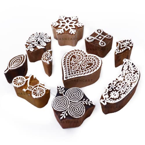 Image of Hashcart | Set of 10 | Wooden Multi Shape Design Stamps for Scrapbooking | Wooden Blocks for Project Designing | Henna | Clay | Pottery Craft | Tattoo