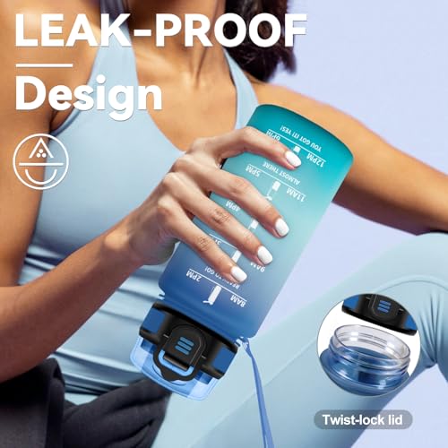 Trinkflasche 500ml, Wasserflasche mit Strohhalm, Auslaufsicher, Einhandöffnung, Kohlensäure Geeignet, Sport Trinkflasche mit Zeitmarkierung, Perfekt für Reisen, Camping, Schule, Radfahren, Büro