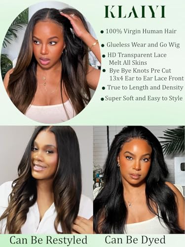 Image of KLAIYI Ombre Brown Yaki Straight Pre Everything Glueless Precut 13x4 Lace Front Wigs Human Hair Drawstring Pre Plucked Bleached Ready to Wear and Go Wig with Dark Roots Chestnut Balayage Brown 20Inch