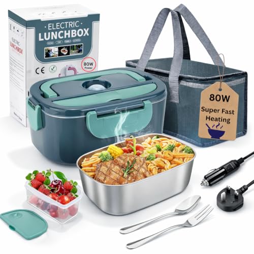 100W Electric Heated Lunch Box 1.5L Removable Stainless Steel Container Leakproof Food Warmer for Adults 12V/24V Car & Truck + 110-230V Home/Office (80W Fast Heating)