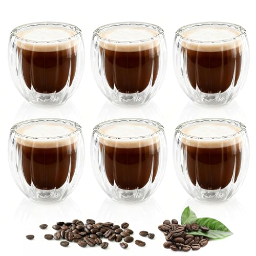 Zosenyer 80 ml Espressotassen Glas, 6 Stück Mini Doppelwandige Thermogläser Kaffeegläser, Wellenformige Kaffeetassen Geeignet für die Herstellung von Espresso Macchiato, Matcha, Tee, ﻿Cappuccino