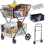Spurgehom 2-Tier Shopping Cart for Groceries Folding Grocery Cart On Wheels with Removable Double Baskets 360° Rolling Utility Cart with Oxford Cloth Liner, Black