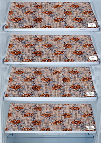 Image of Polyester 3-Layered Fridge Top Cover /Refrigerator Cover With Utility Pockets and Set of 4 Pc. Fridge Mat (Color-Check Floral Brown, Size-39x21 Inches)