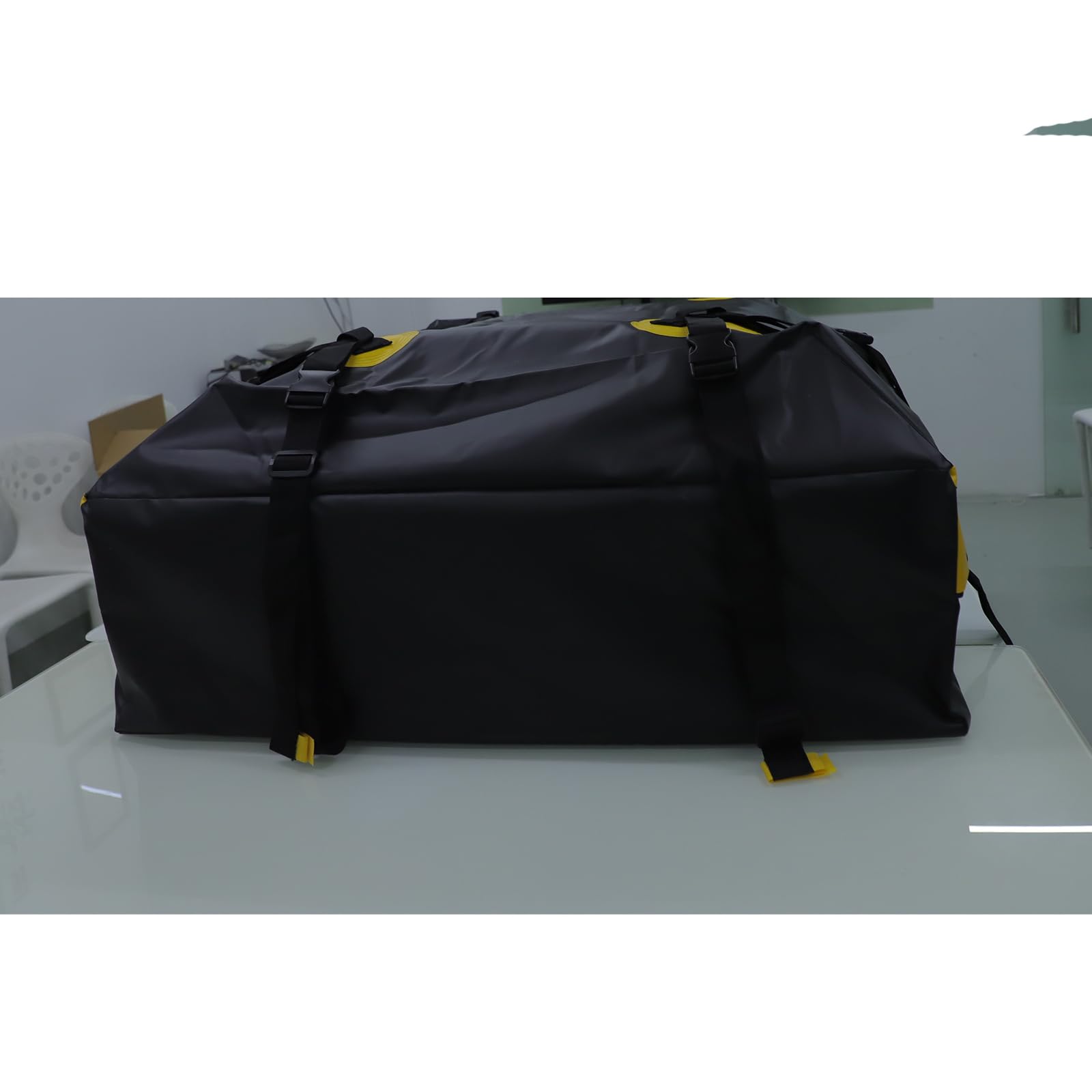 ISOPHO Borsa portatutto Borsa da tetto per auto, 425L Box da tetto pieghevole impermeabile per borsa da tetto auto senza ringhiera/con ringhiera, nero/giallo Box da tetto Con 6 cinghie, di cui 4 fisse