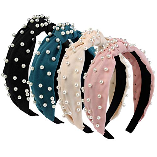 Poualss Headbands for Women, 4 Pcs Pearl Knotted Velvet Wide Headbands for Girl Woman Hair Accessories