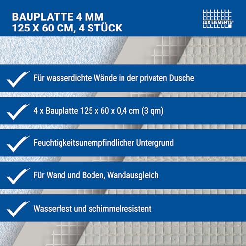LUX ELEMENTS Bauplatte Fertig zum Verfliesen 125 x 60cm 4 Stk. I Hartschaumplatte 4mm aus expandiertem Polystyrol mit Spezialmörtel Beschichtung I Schimmelresistent