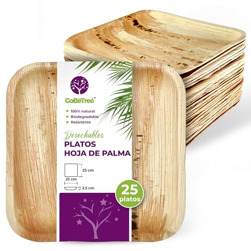 GoBeTree Platos Desechables de Hoja de Palma 25 Platos Cuadrados de 25 cm. Vajilla para barbacoas, picnic y Fiesta de cumpleaños, Similar al bambú, más fuerte que platos de papel