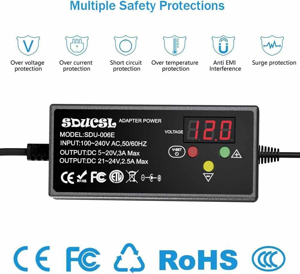 Fuente de alimentación universal CA/CC, adaptador de corriente universal de 5-24 V 60 W con 8 puntas, 100-240 V CA a CC 5 V 9 V 12 V 15 V 18 V 20 V 21 V 24 V 3 A máximo, transformador de fuente de